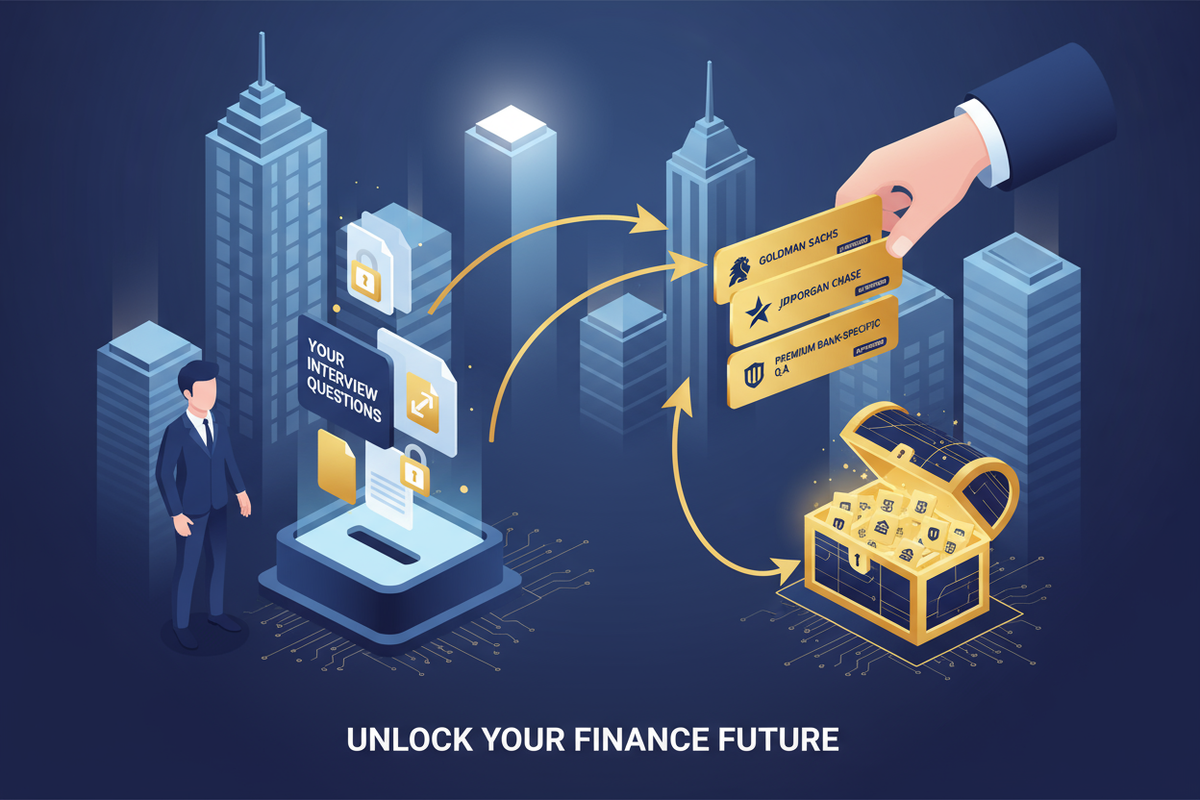 A premium, professional illustration for a finance interview prep website showing a value exchange concept: a student securely submitting interview questions and receiving premium bank-specific interview question cards in return. Corporate investment banking setting, city skyline, confidential file icons, arrows showing data flow, navy blue, white and gold color palette, sleek, modern, minimal but high-end. 2.5D vector style, website hero banner format.